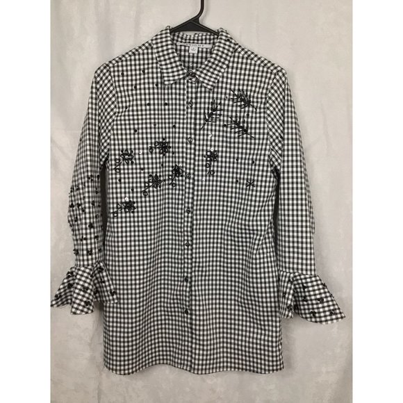 Insight Women's Small Button Down Long Sleeve Checkered Bell Sleeves Embellished - Picture 4 of 11
